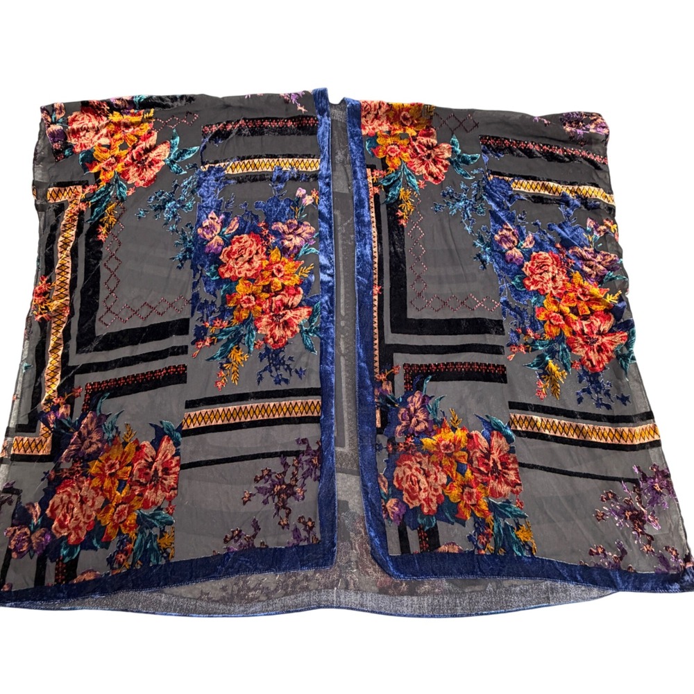 Akemi + Kin Anthropologie Burnout Velvet Floral Kimono Wrap Sheer Black Blue O/S